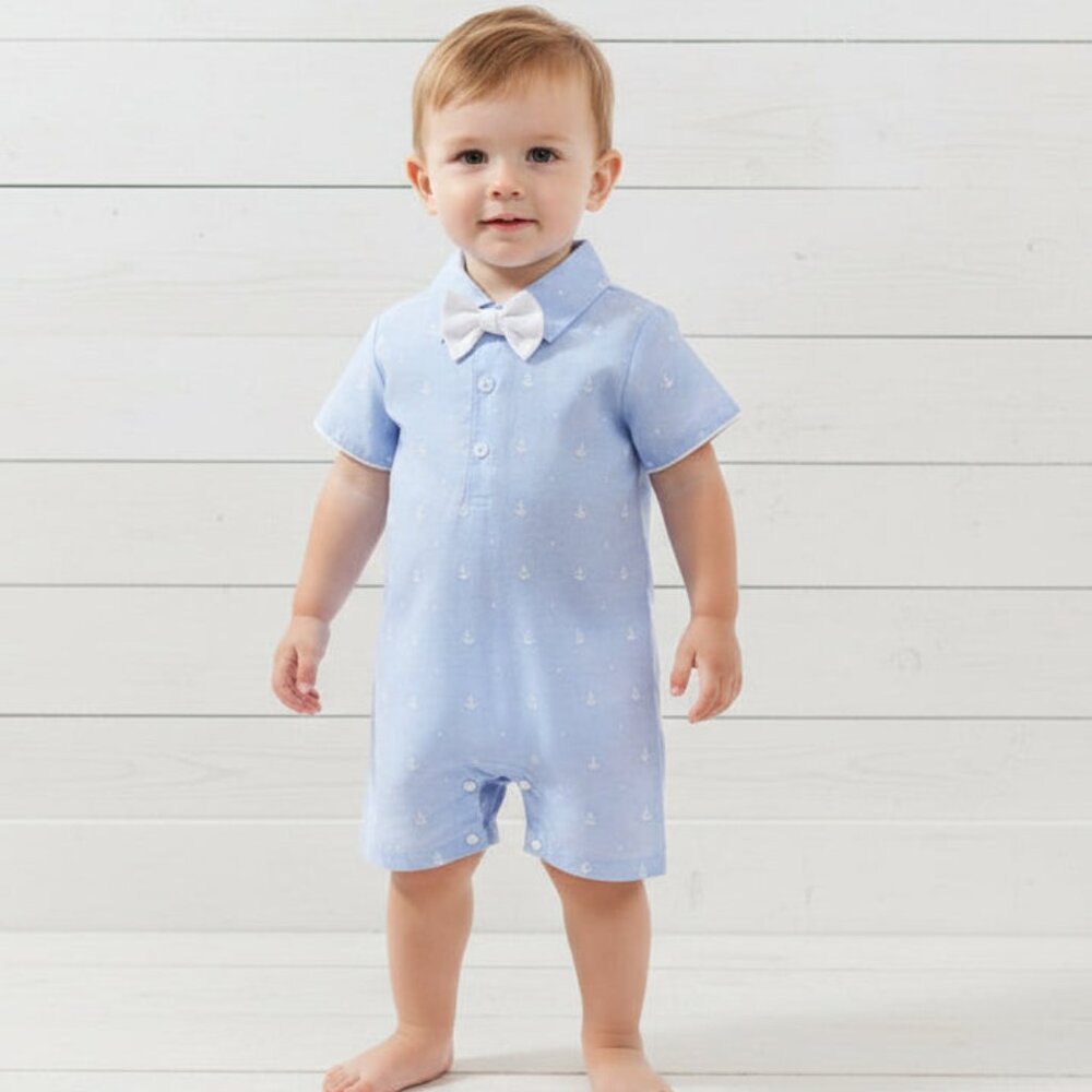 Light Blue Embroidered Anchor Romper w/Bow Tie, baby, boy